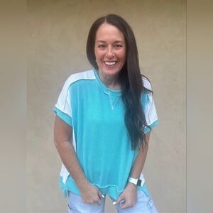 Women's Teal and White Knit Ribbed Top
